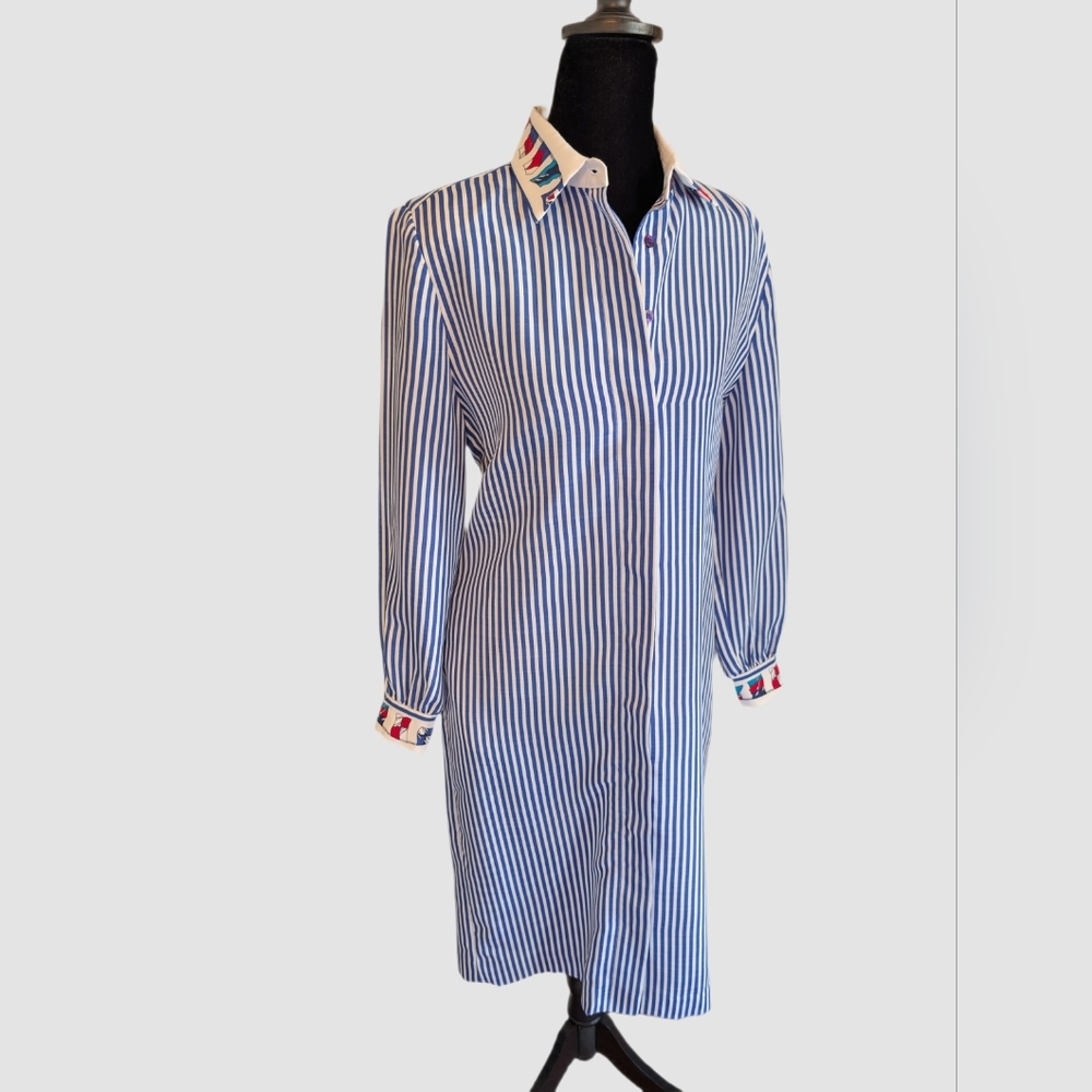 Vintage70s 80s Schrader Sport Stripe Midi Shirt Dress 6P Preppy Classic Nautical